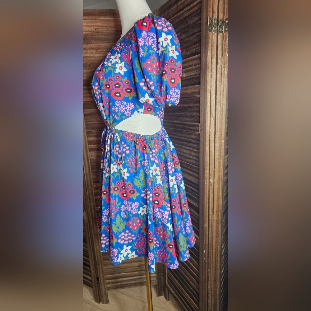 AMUR Blue Floral Puff Sleeve Cutout Mini Dress Size 00 Summer Party Wedding - Picture 5 of 12